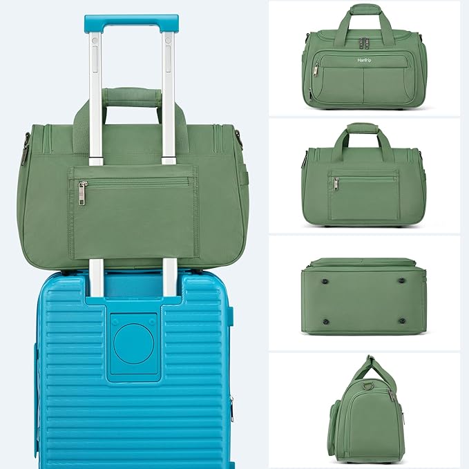 HanTrip Carry on Duffel Bag Foldable Duffle Bags for Travel, Under Seat Personal Item Bags for Airplanes, Weekender Overnight Mens Travel Tote Bag for Women Softside Carry on Luggage (Forest Green)