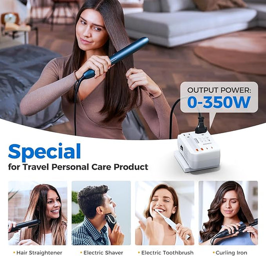 DOACE 220V to 110V Converter for European Travel - 350W Cordless Voltage Converter US to Europe, Power Converter Adapter Combo with PD Chargers for Hair Straightener Shaver Toothbrush Laptop Phone
