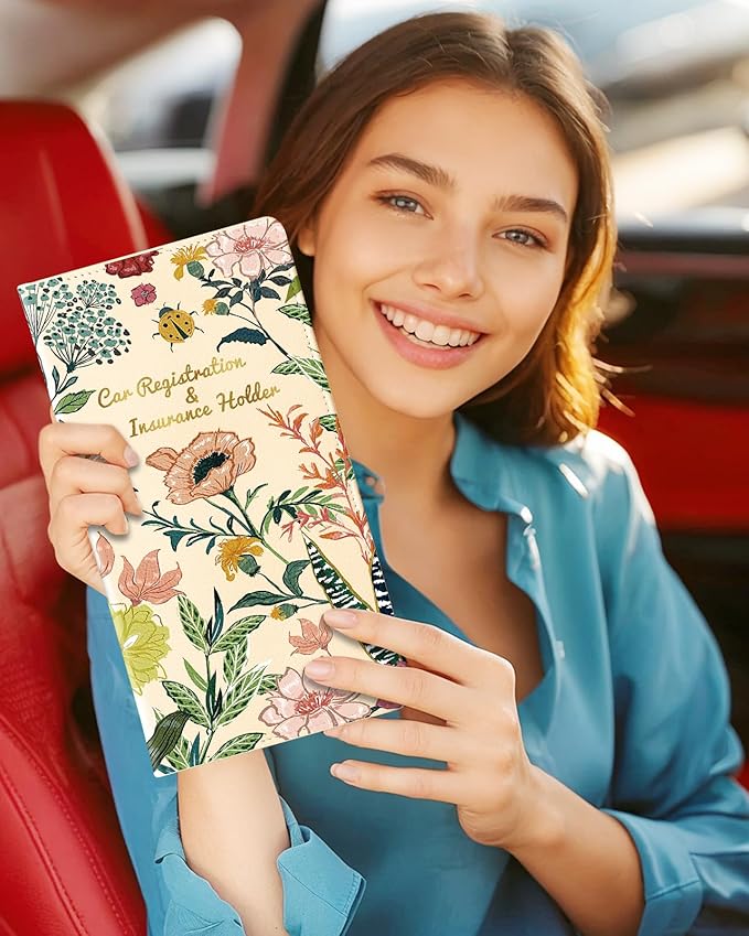 Slohif Car Registration and Insurance Card Holder with Magnetic Shut - Vehicle Glove Box Organizer Women Leather Automobile License Holders Coasters Auto Case for Document Flower Floral