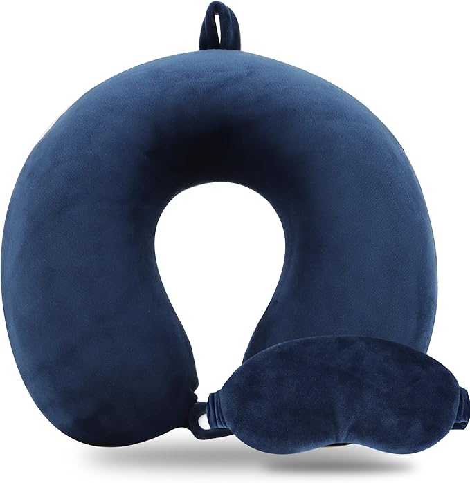 Pure Memory Foam Travel Pillow Set for Adults - Comfortable & Removable Machine Washable Cover, Neck Support Pillow Airplane Travel Kit with Eye Mask for Portable Plane Accessories -Dark Blue