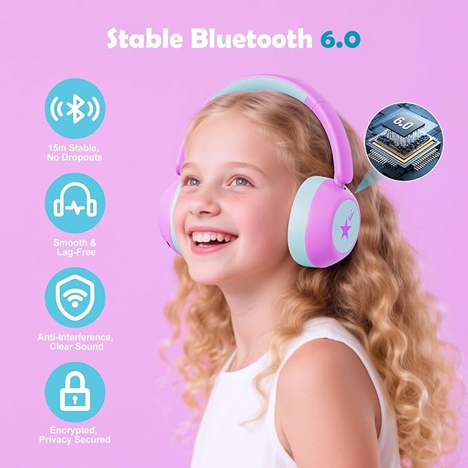 Nova1Star Active Noise Cancelling Headphones for Kids, 70H Play Time,Bluetooth6.0,3-Level Volume 75/85/94dB,ANC Safe Wireless Listen, Fast Charging,with Mic,for School,Travel & Airplane