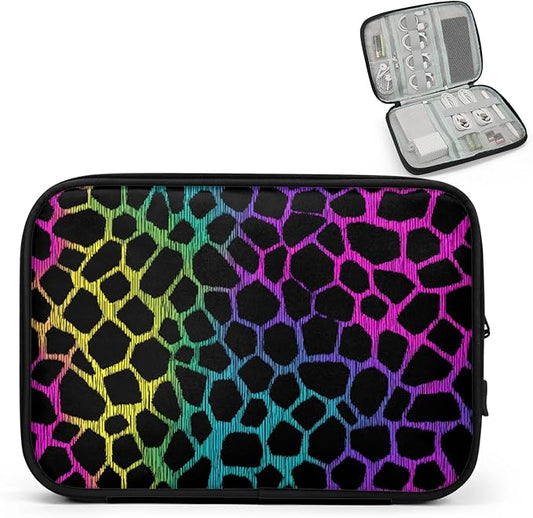 Colorful Leopard Print Travel Cable Organizer Pouch Neon Animal Skin Electronics Accessories Carry Case Portable Water Resistant Storage Bag for Cord Charger Phone Earphone SD Card