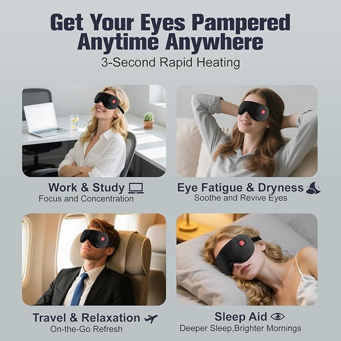 Heated Eye Mask, Rechargeable Detachable Washable Faux Silk Electric Cordless Dry Eyes Warmer Compress Graphene Sleep Mask Travel Gifts for Men Women, 3 Heat Levels & Auto-Off, Black