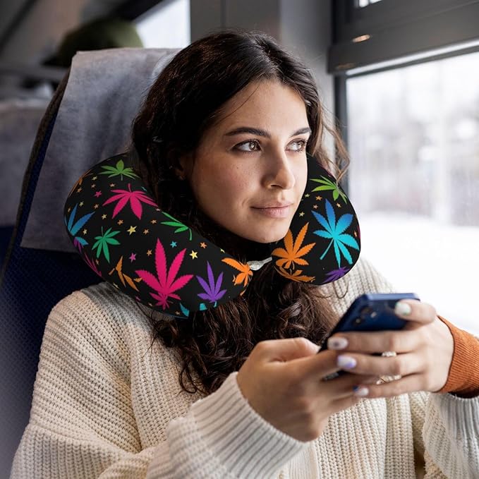 Unique Travel U Shaped Pillows Neon Weedleaf Trippy Leaves for Airplanes Car Flight, Comfortable Chin Head Neck Cushion Supporting, Polyester Removable Cover