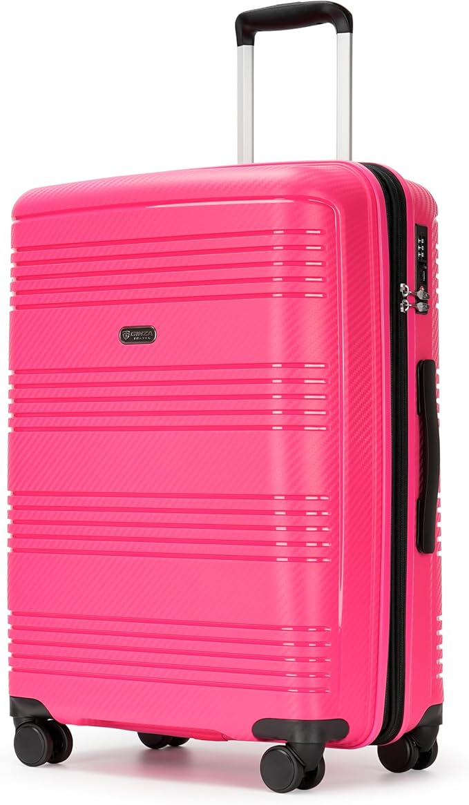 GinzaTravel 25 Inch Hardside Checked Luggage Large Lightweight Suitcase with Spinner Wheels TSA Lock, Checked-Medium 25-Inch, Dark Pink