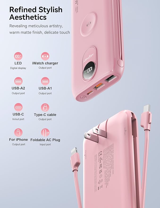 Portable Charger, 10000mAh 22.5W Fast Charging Power Bank with Built in Cable & Wall Plug, Travel Essential Battery Pack with LED Display, External Charger for iPhone, iWatch 11/10/9/8/Ultra/SE Pink