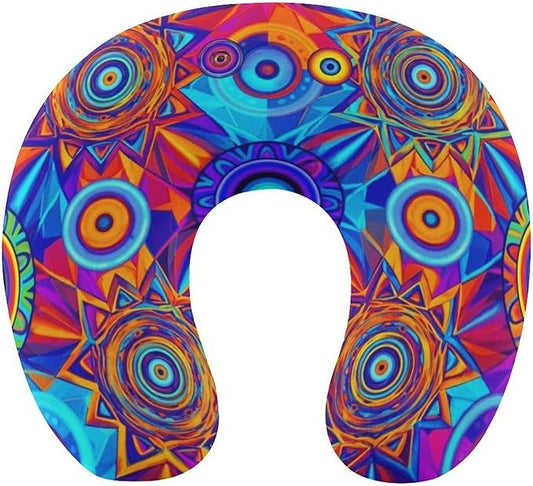Stylish U Shaped Travel Neck Pillow Memory Foam Chin Support Colorful Kaleidoscope Pattern, Breathable Washable Cover for Airplane Car Office Decor