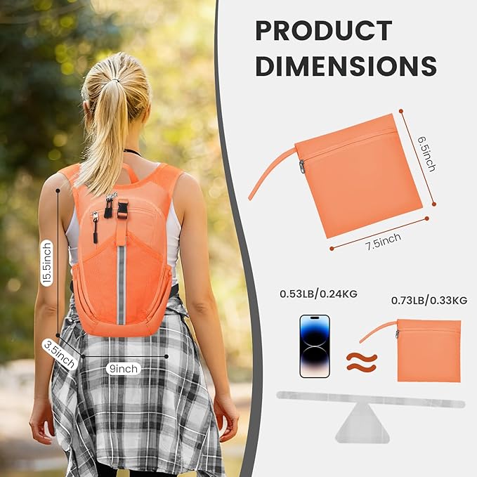 Small Hiking Backpack 10L - Lightweight Packable Foldable Backpack for Travel Camping Outdoor Commute, Compact Rucksack for Women Men(Orange)