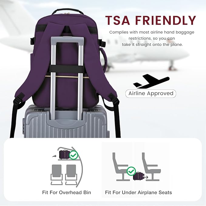 LOVEVOOK 40L Large Travel Backpack for Women Men, 17 Inch Carry on Backpack for Traveling on Airplane, Personal Item Travel Bag Airline Approved, Business Causal Weekender Backpack, Purple-Black