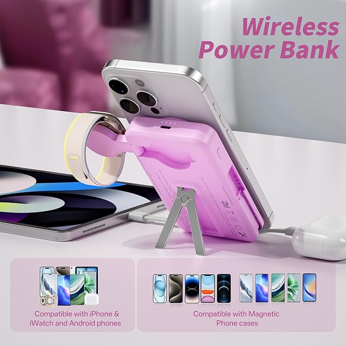 Magnetic Portable Charger Built-in Cables,10000mAh Fast Charging Wireless Charger Station External Battery Pack Slim Pocket Size Power Bank with Stand Compatible with iWatch, iPhone and Android Phones