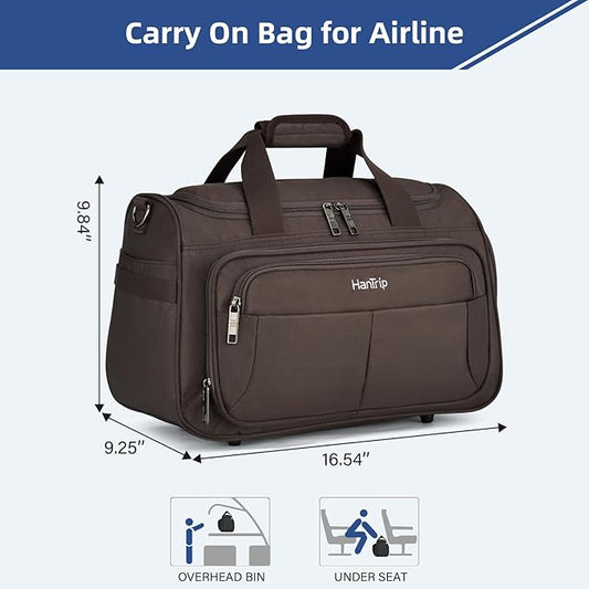 HanTrip Carry on Duffel Bag Foldable Duffle Bags for Travel, Under Seat Personal Item Bags for Airplanes, Weekender Overnight Mens Travel Tote Bag for Women Small Softside Carry on Luggage (Coffee)