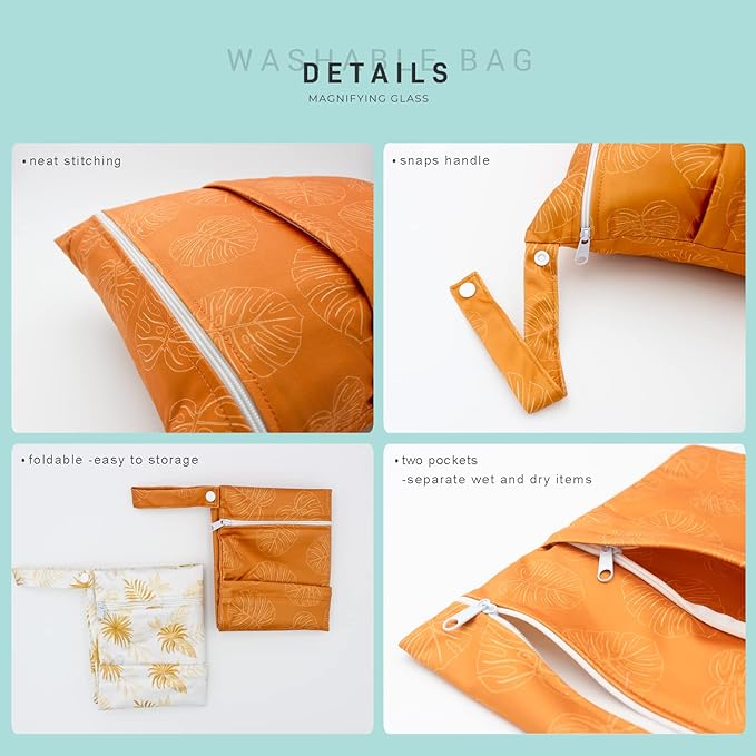 Wet Dry Bag Waterproof Reusable Wet Bag for Swimsuit, Travel, Beach, Pool, Bathing, Diapers, Dirty Yoga Gym Clothes Toiletries Daycare Organizer with Two Zippered Pockets (yellow leaf)