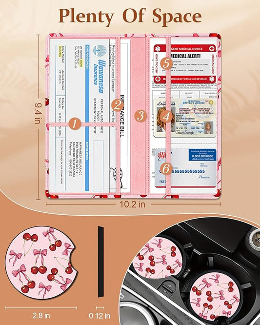 Slohif Car Registration and Insurance Holder - Cherry Vehicle Glove Box Organizer Women with Magnetic Shut Leather Automobile License Holders Coasters Auto Accessories Case for Document