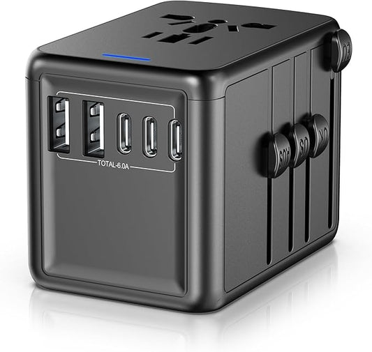 Universal Travel Adapter, 6.0A 30W 5 USB C/A Ports + 2500W AC Outlets, International Power Adapter for All USB Devices, Multi Plugs 110V 220V A/C, European Travel Plug Adapter for 200+ Countries