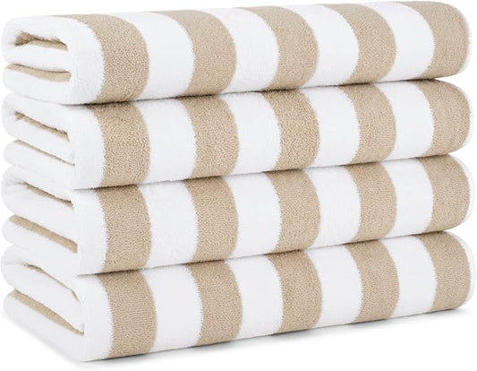 Arkwright California Cabana Stripe Beach Towel - Pack of 4, Large Soft Quick Dry Cotton Terry Towels Set for Pool, Swim, and Hot Tub, Oversized 30 x 70 in, Beige