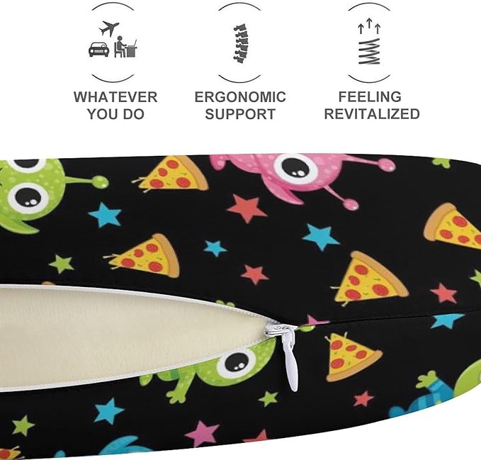Portable U-Shaped Travel Pillow Memory Foam Neck Rest, Alien Eating Pizza Peace Funny Space Art U-Shape, Airplane Car Bus Office Chin Support