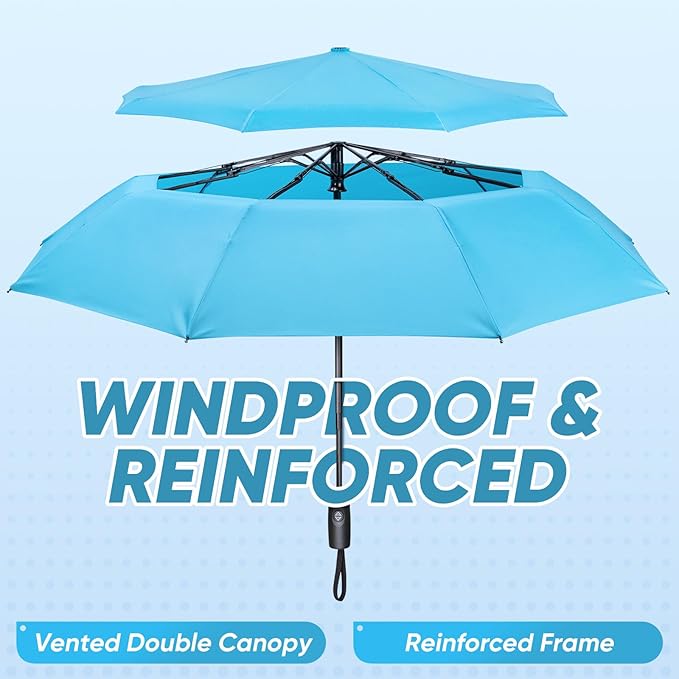 PTEROMY Windproof Compact Travel Umbrellas for Rain and Sun, Withstands 85MPH Winds Auto Open Close Folding Umbrella with Ergonomic Handle, Quick Dry Canopy for Commuting or Backpack