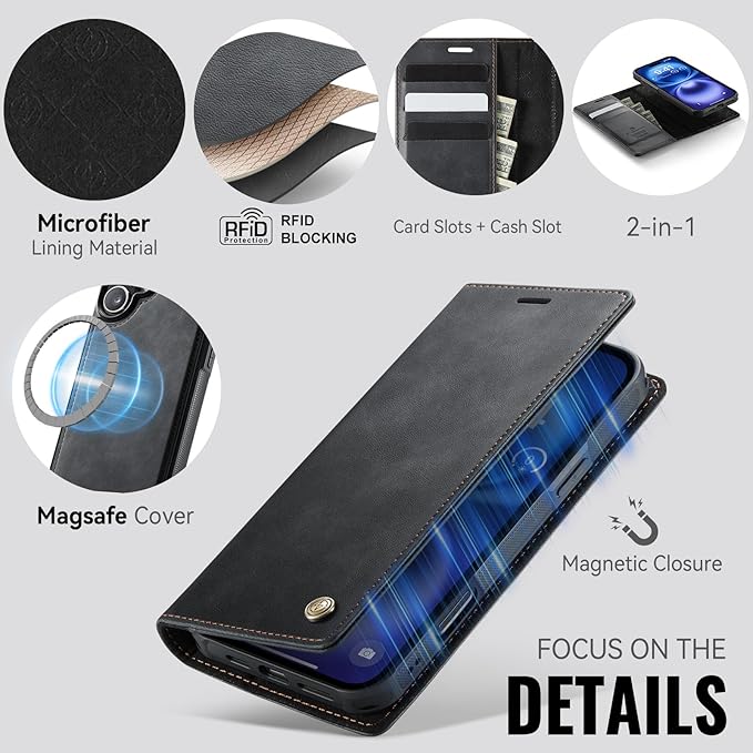 PlusnapX Wallet Case for iPhone 17 Compatible with Magsafe, 2-in-1 PU Leather Flip RFID Blocking Card Holder Stand Shockproof Magnetic Detachable Cover for iPhone 17 Case 6.3", Black