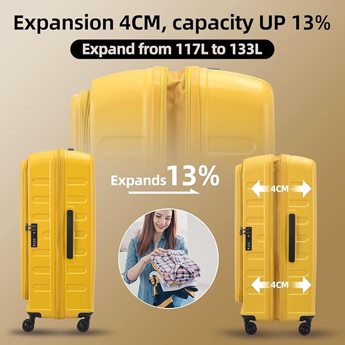 2 Pieces 20/29 Luggage Sets, 20 Inch Cabin Luggage with Front Pocket & 29 Inch Side Opening Suitcase, Ligthweight ABS+PC Hardshell, TSA Lock with HINOMOTO 360° Wheels, Yellow
