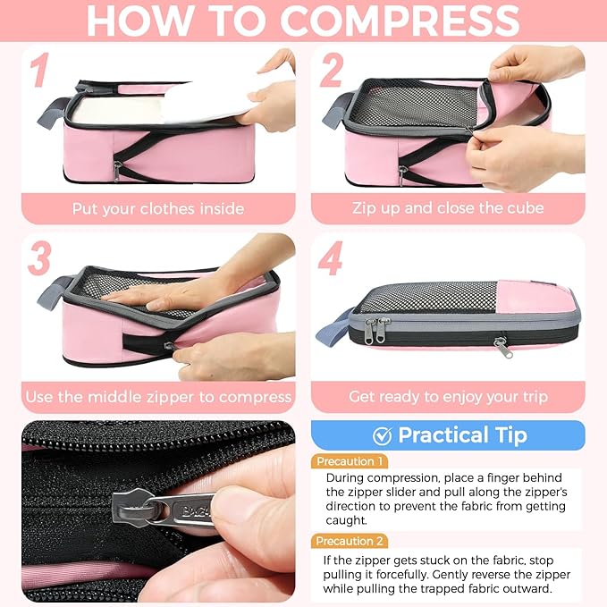 BAGAIL 4/6 Set/8 Set Compression Packing Cubes Travel Accessories Expandable Packing Organizers(HalfMesh, 8-Pink)
