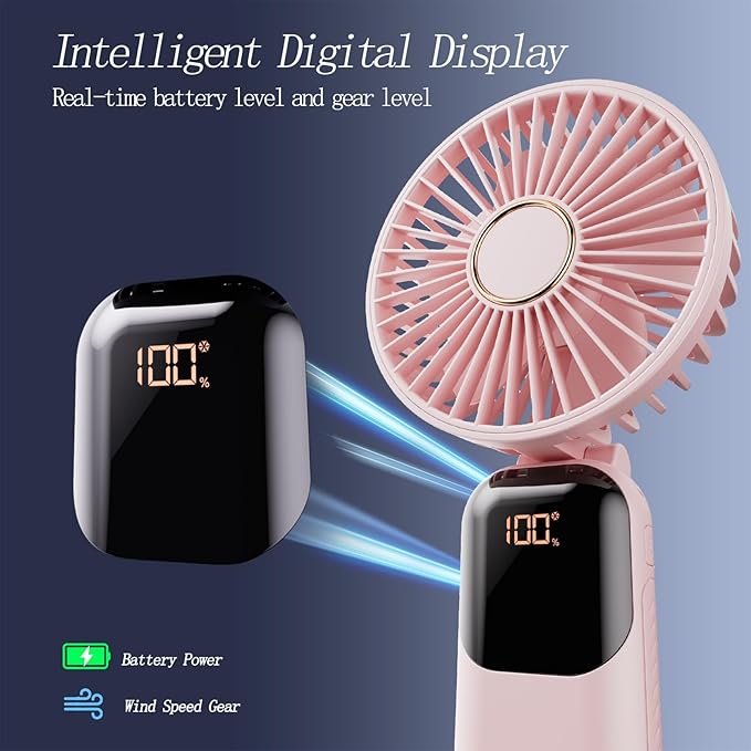 Portable Fan, 4200mAh Battery Operated Fan, 5 Speeds&Digital Display, Makeup Fans for Women with Base, 180°Foldable 3in1 Handheld/Neck/Desk Fan for Outdoor Indoor,Ultra Quiet (Pink)