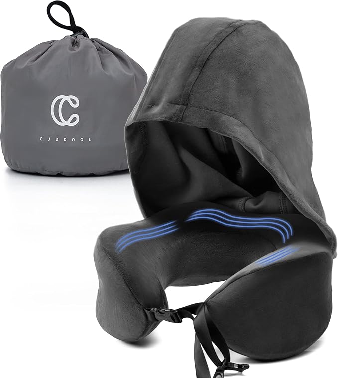 Neck Pillow with Hood - Memory Foam Neck Pillow Head Chin Support, Airplane, Car, Office & Home Sleep Rest Travel Pillows with Hood (Black, L)