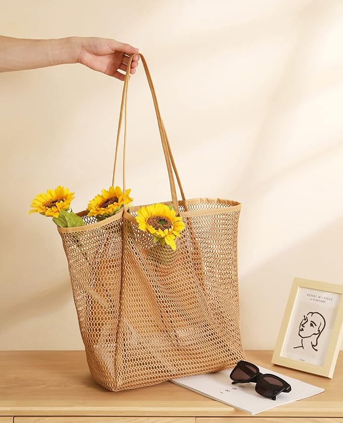 Iioscre Mesh Beach Tote Bags for Womens, Causal Hobo Pool Bags for Swimming Pools Vacations Beach Essentials