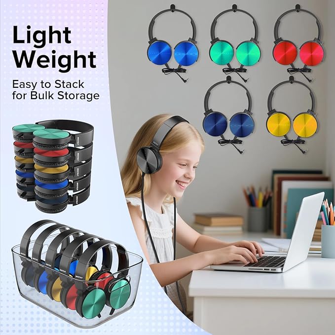 Bulk Kids Headphones for School Classroom Students,10 Pack Durable Wired School Earphones with HD Stereo Sound 3.5mm Jack for Library,Online Learning(HTC004 Black)