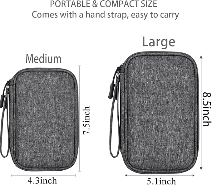 Electronics Organizer Case, Cable Organizer Bag Waterproof Electronic Accessories Carry Case with Handle for Cable, Cord, USB, Charger, Phone, Power Bank, Earphone (Dark Gray, Medium)