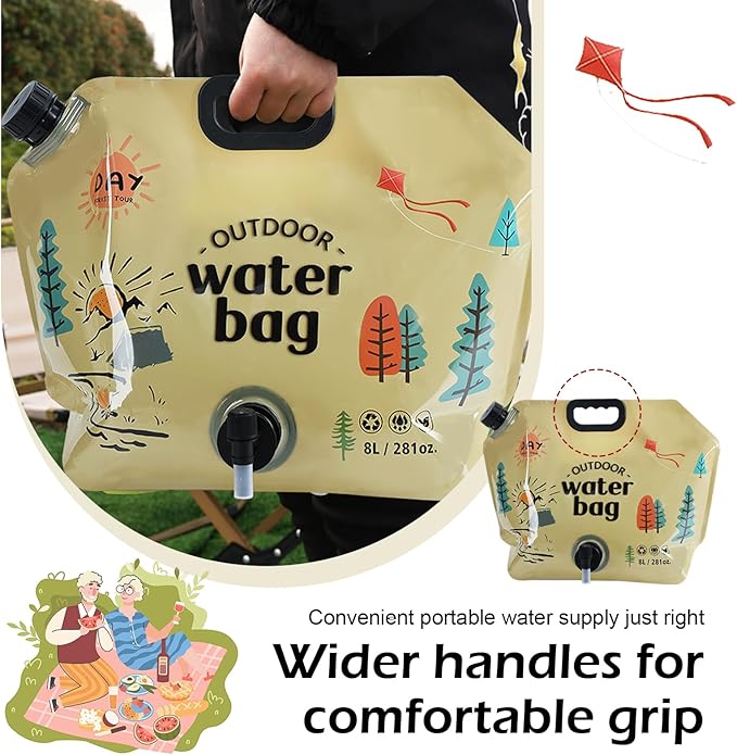 Qurbuns Portable Foldable Water Bag, 8L Collapsible Water Container with Adjustable Faucet, No-Leak Camping Storage Bag, Universal for Camping, Hiking, Outdoor Adventures (Khaki)