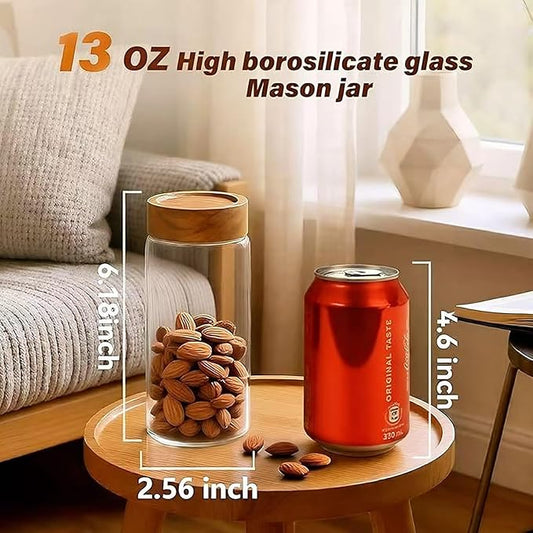Zoaiirte 2-Pack 13 oz Glass Mason Jars with Acacia Wood Lids - Sealable, Leakproof, Clear & Stackable Food Storage Containers for Spices, Meal Prep, Flour, Sugar & Snack Storage