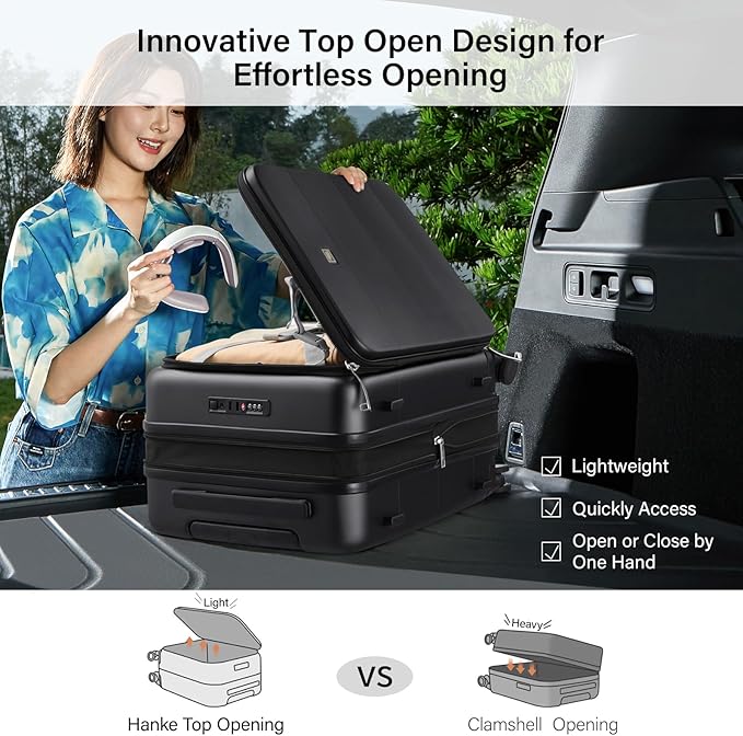 Hanke Hardside Expandable Carry On Luggage, 20 Inch Top Opening Trunk Luggages with Spinner Wheels, All-PC Hard Shell Carry-On Suitcase, Lightweight & TSA Airline Approved (Jet Black, 46L)