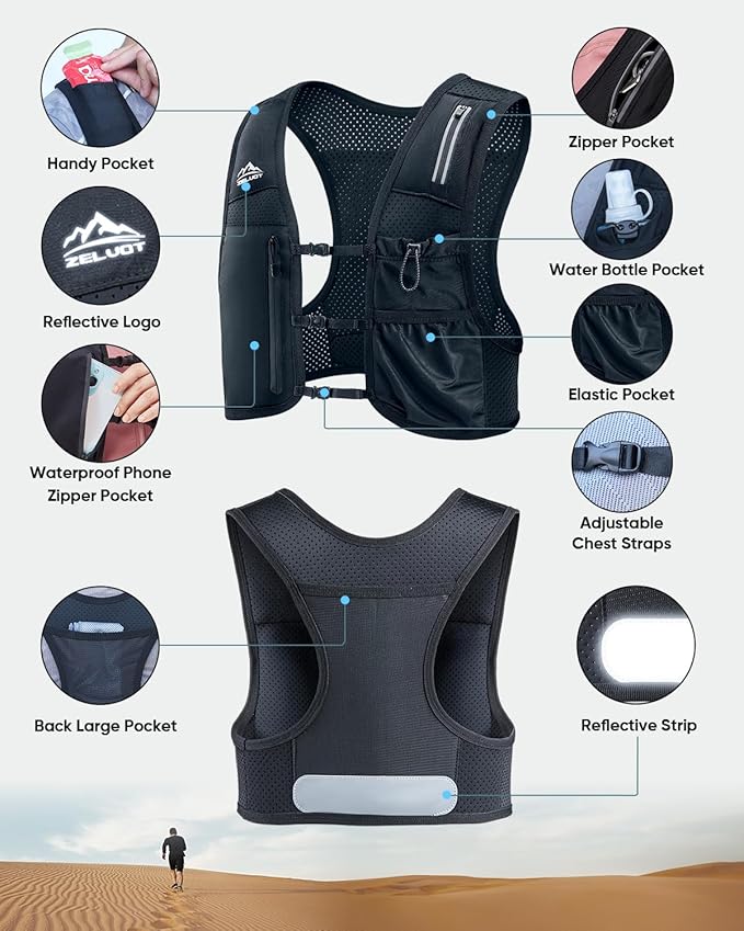 Running Vest for Women Men, USA Original Patent, Adjustable Chest Straps Running Hydration Vest with 500ml Soft Flask and Phone Holder, Lightweight Reflective Hydration Backpack