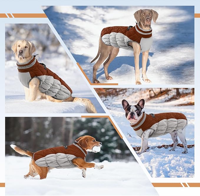 OUOBOB Winter Dog Coat,Large Dog Jacket,Waterproof Pet Jacket with Back Zipper,Pet Coat with Harness Built in,Warm Dogs Coat with Fleece Lined,Snow Jacket Clothes French Bulldog Shiba Inu,Brown,L