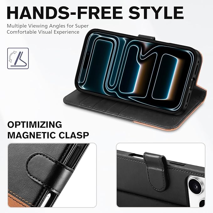 TUCCH Wallet Case for iPhone 17 Pro (6.3") 2025, RFID Blocking 4 Card Slots, Kickstand, Shockproof TPU Shell, PU Leather, Magnetic Closure, Protective Flip Folio Cover, Black & Brown