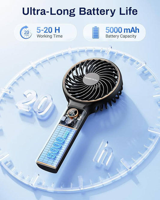 SWEETFULL Handheld Portable Fan, 5000mAh Rechargeable Battery, 6 Speed Wind, LED Digital Display, Foldable Electric Personal Mini Travel Fan with Backup Power, Summer Essentials Gifts for Women Girl
