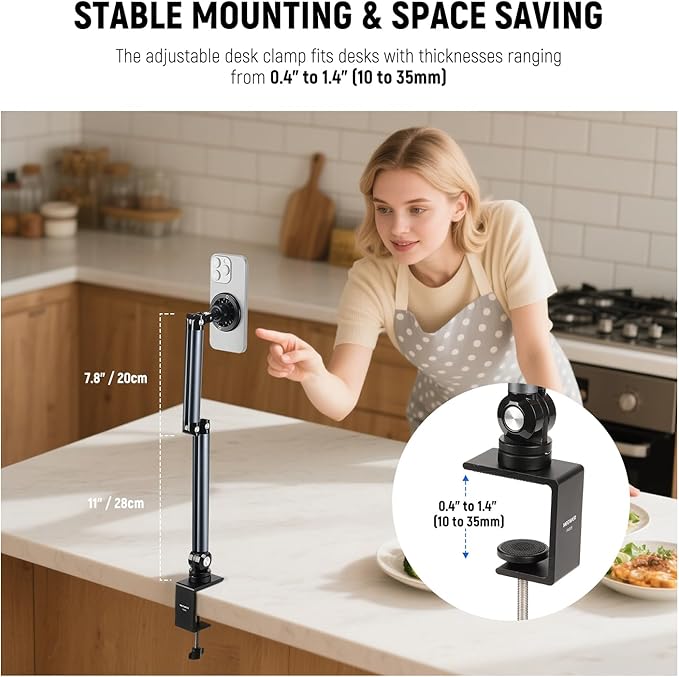 NEEWER Basics Magnetic Cell Phone Holder Stand for Desk & Bed, Tension Adjustable Overhead Desk Mount Compatible with MagSafe iPhone 16 15 Pro Max Plus 14 13 12 for Video Recording Filming, PA089