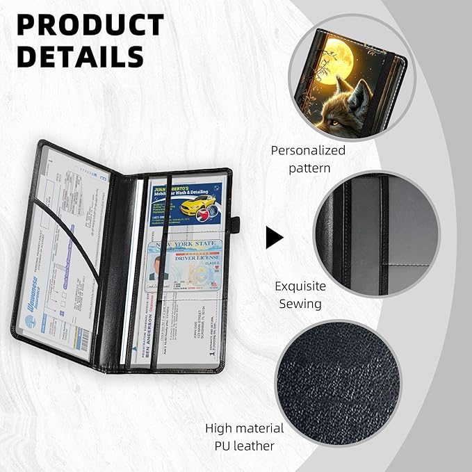 Car Registration and Insurance Holder PU Leather Vehicle Insurance and Registration Holders Wallet Case with Elastic Band Closure for ID Card, Driving Licence, Fox Moonlit Window