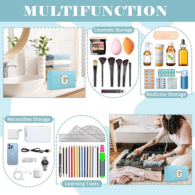 Small Personalized Initial A-Z Preppy Patch Makeup Bag,PU Chenille Letter Travel Cosmetic Pouch with Zipper,Blue Cute Toiletry Bag,Gift Ideal for Teen Girls Women Teacher Bridesmaid,Letter G