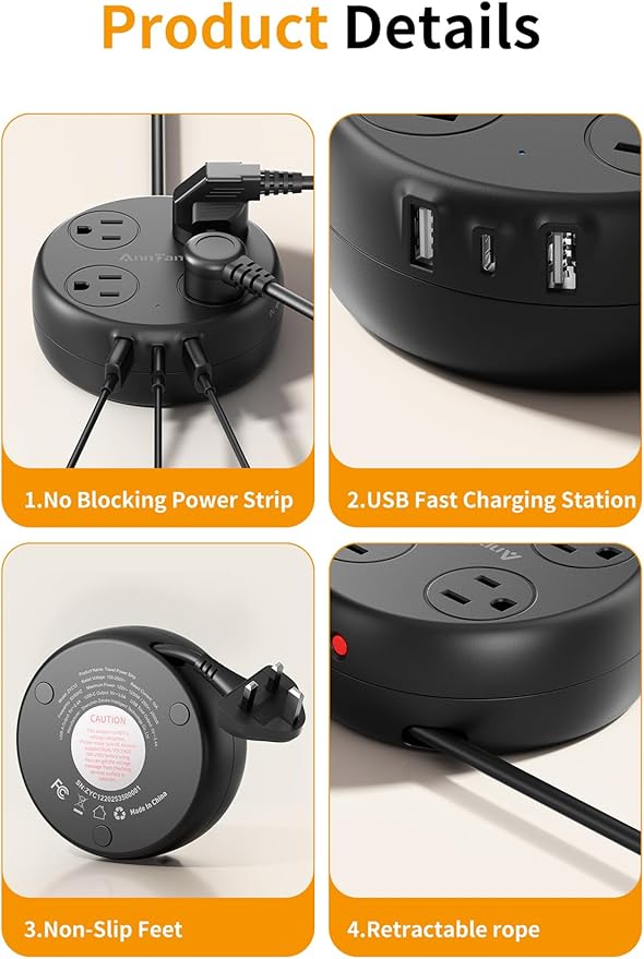 European Travel Plug Adapter - Retractable Power Strip with 4 AC Outlets & 3 USB Ports (USB-C), Type C Adapter for US to Most of Europe Iceland Spain Italy France Germany and More (Black)