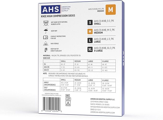 American Hospital Supply – Knee High Compression Socks – 15–20 mmHg, Black, Medium – Lightweight Medical Stockings for Daily Wear – Pack of 3 Pairs