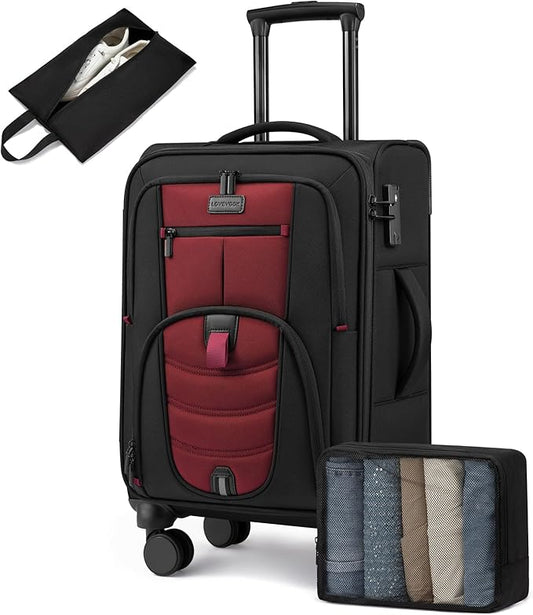 LOVEVOOK Business Softside Checked Luggage with 15.6/17.3 Inch Laptop Compartment, 24 Inch Checked Suitcase with Spinner Wheels, Large Capacity Luggage with TSA Lock for Business Trip Travel Red&Black