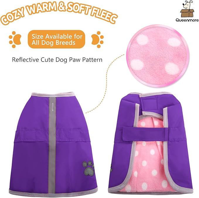 Queenmore Dog Winter Coat, Cold Weather Fleece Jacket for Dogs, Waterproof Reflective Reversible, for Small, Medium and Large Dogs (Purple, S)