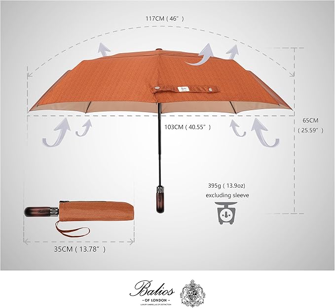 Balios Travel Folding Umbrella with Real Wood Handle Auto Open Close Vented Windproof Canopy - Designed in UK