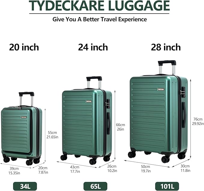 3Pcs (20/24/28) Luggage Set, HardShell Lightweight, Only 20" with Front Pocket, 21.65*15.35*7.87" Fits Overhead Cabin, 24" (26*17.7*10.2") and 28" (19.68*11.81*29.92") Checked Luggage, Green