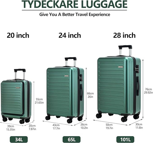 3Pcs (20/24/28) Luggage Set, HardShell Lightweight, Only 20" with Front Pocket, 21.65*15.35*7.87" Fits Overhead Cabin, 24" (26*17.7*10.2") and 28" (19.68*11.81*29.92") Checked Luggage, Green