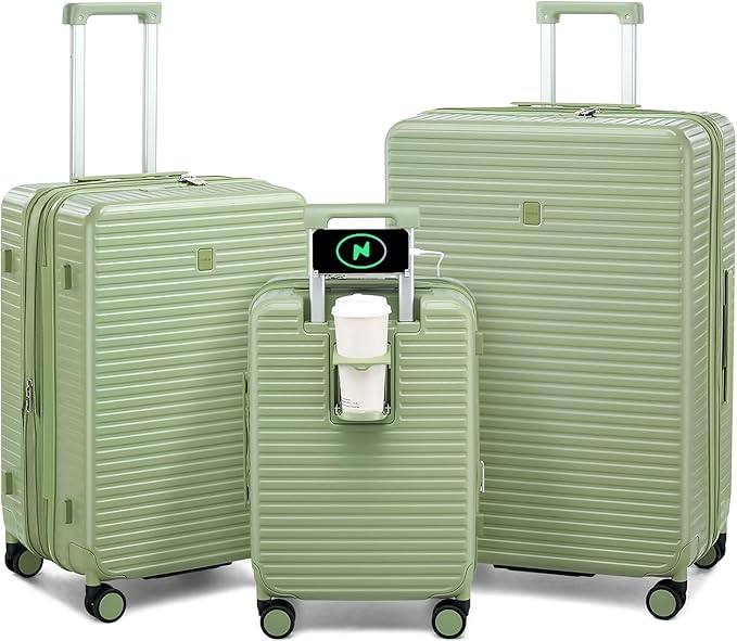 Hard Shell Suitcases Expandable Travel Luggage Sets 3 Piece, Carry on and Check in 3 Piece Luggage Suitcase Sets with Spinner Wheels Cup Holder Charger Built in (Bamboo Green, 20/24/28)