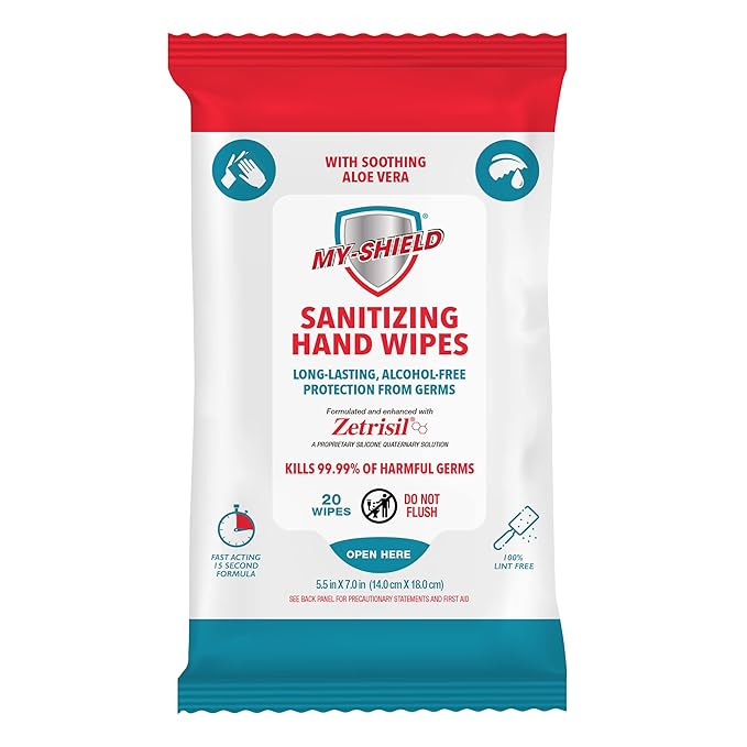 Sanitizing Hand Wipes - Travel Pack - 20 Count (4-pack) Alcohol-Free, Long-lasting Protection. Kills 99.9% of Germs. Moisturizes With Aloe Vera. Formulated with Zetrisil.