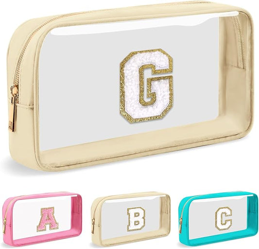 Personalized Initial Letter Clear Makeup Bag,Preppy Small Nylon&PVC Cosmetic Zipper Bag with Chenille Letter,Portable Beach Travel Skincare Toiletry Bag,Trendy Monogram Gift for Teen Girls Women,G