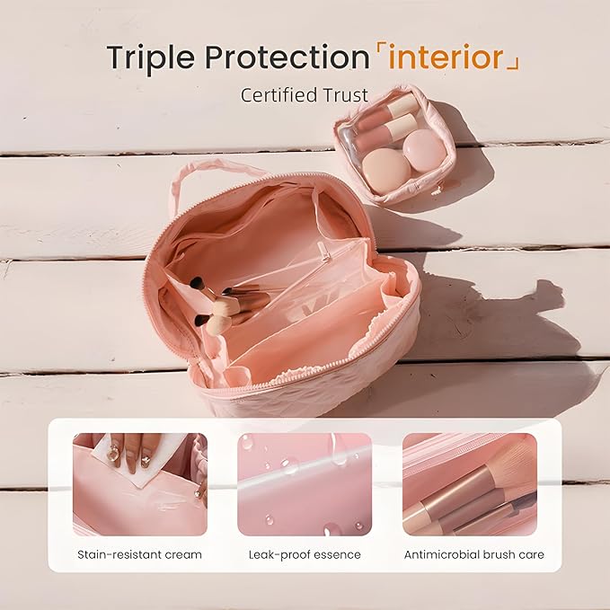 Amposei Makeup Bag Travel Toiletry Bag,Travel Makeup Bag for Women, Puffer Waterproof Cosmetic Organizer, Large Capacity Pouch Open Flat Small Toiletry Bag with Brush Compartment & Handle (Pink)